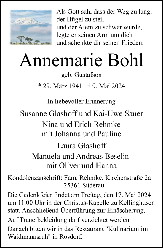 Traueranzeige von Annemarie Bohl von Norddeutsche Rundschau, Wilstersche Zeitung, Glückstädter Fortuna