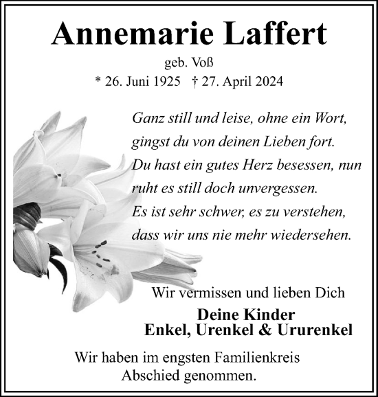 Traueranzeige von Annemarie Laffert von Eckernförder Zeitung, Hallo Eckernförde