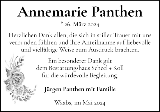 Traueranzeige von Annemarie Panthen von Eckernförder Zeitung, Hallo Eckernförde