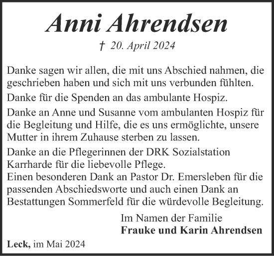 Traueranzeige von Anni Ahrendsen von Husumer Nachrichten, Nordfriesland Tageblatt