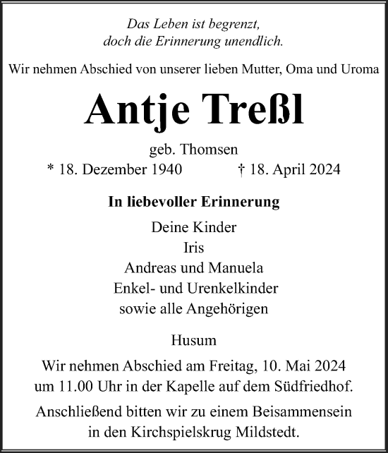 Traueranzeige von Antje Treßl von Husumer Nachrichten, Nordfriesland Tageblatt