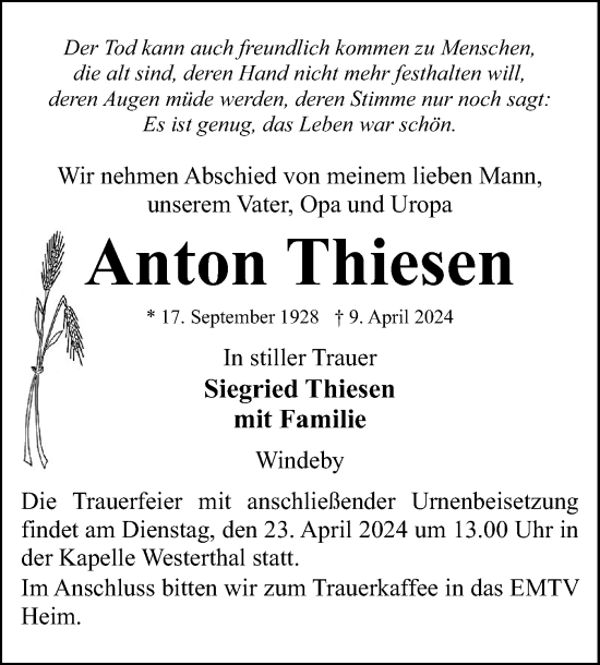 Traueranzeige von Anton Thiesen von Eckernförder Zeitung, Hallo Eckernförde