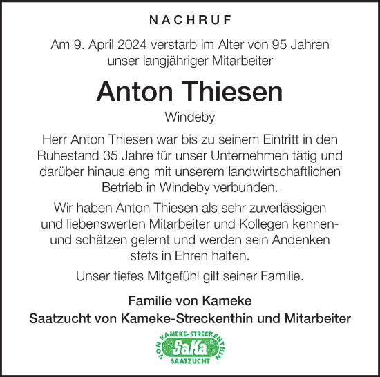 Traueranzeige von Anton Thiesen von Eckernförder Zeitung, Hallo Eckernförde