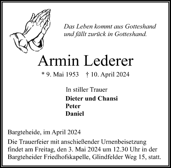 Traueranzeige von Armin Lederer von Stormaner Tageblatt