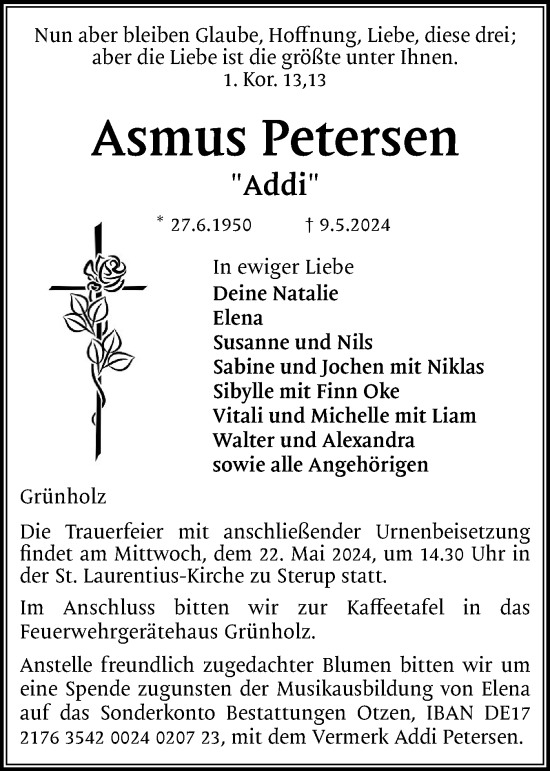 Traueranzeige von Asmus Petersen von Flensburger Tageblatt