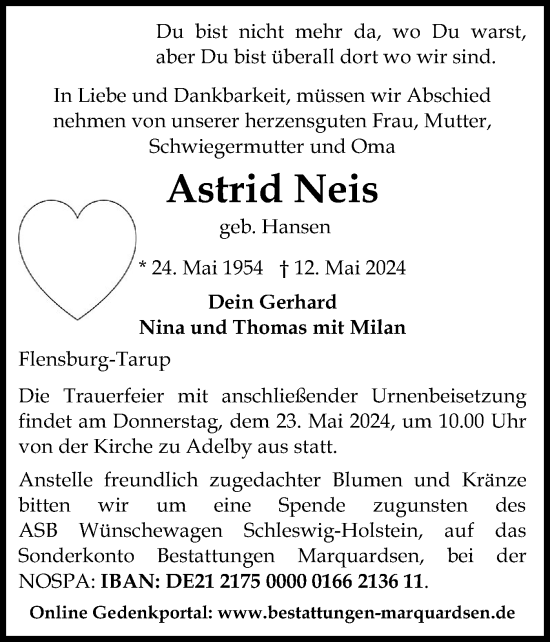 Traueranzeige von Astrid Neis von Flensburger Tageblatt