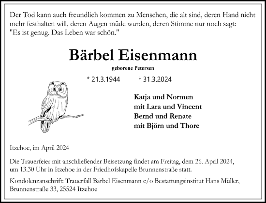 Traueranzeige von Bärbel Eisenmann von Norddeutsche Rundschau, Wilstersche Zeitung, Glückstädter Fortuna