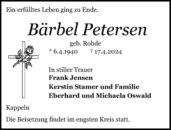 Traueranzeige von Bärbel Petersen von Schleswiger Nachrichten, Schlei-Bote