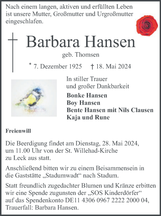 Traueranzeige von Barbara Hansen von Husumer Nachrichten, Nordfriesland Tageblatt