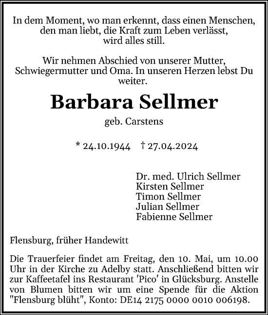 Traueranzeige von Barbara Sellmer von Flensburger Tageblatt