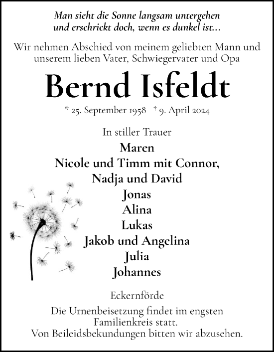 Traueranzeige von Bernd Isfeldt von Eckernförder Zeitung, Hallo Eckernförde
