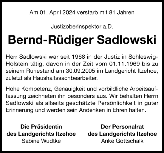 Traueranzeige von Bernd-Rüdiger Sadlowski von Norddeutsche Rundschau, Wilstersche Zeitung, Glückstädter Fortuna