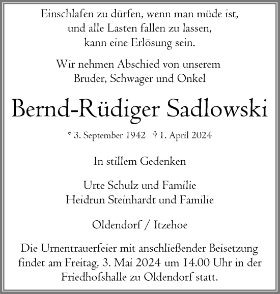 Traueranzeige von Bernd-Rüdiger Sadlowski von Norddeutsche Rundschau, Wilstersche Zeitung, Glückstädter Fortuna