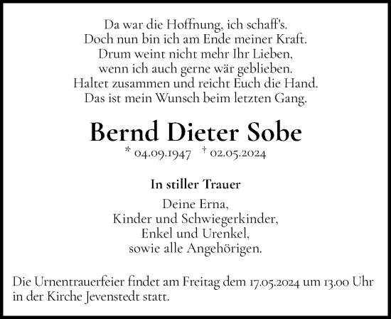 Traueranzeige von Bernd Dieter Sobe von Schleswig-Holsteinische Landeszeitung
