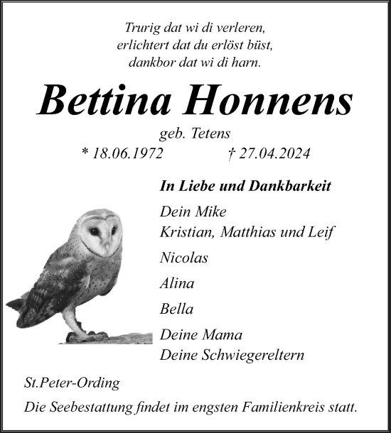 Traueranzeige von Bettina Honnens von Husumer Nachrichten, Nordfriesland Tageblatt