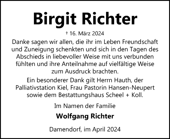 Traueranzeige von Birgit Richter von Eckernförder Zeitung, Hallo Eckernförde