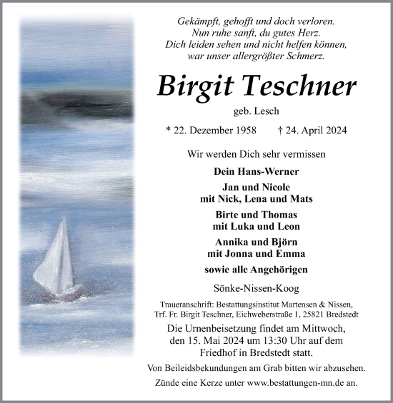 Traueranzeige von Birgit Teschner von Husumer Nachrichten, Nordfriesland Tageblatt