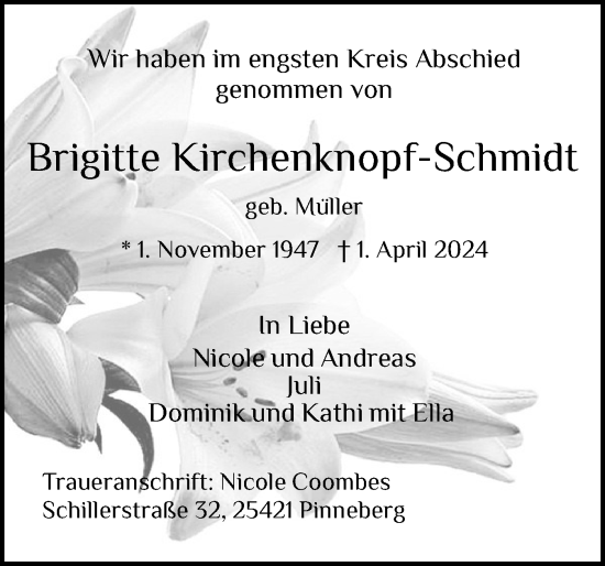 Traueranzeige von Brigitte Kirchenknopf-Schmidt von Sylter Rundschau