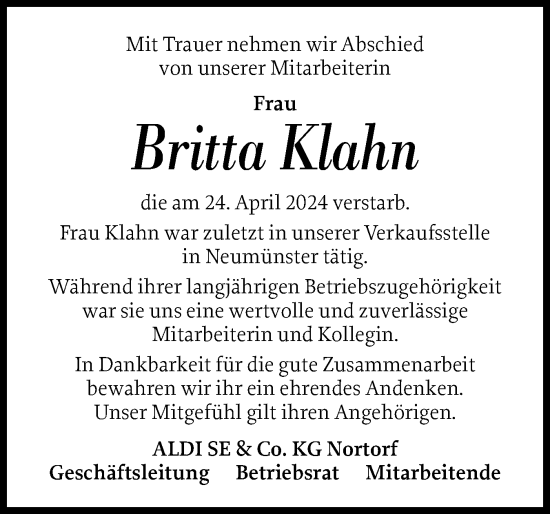 Traueranzeige von Britta Klahn von Holsteinischer Courier