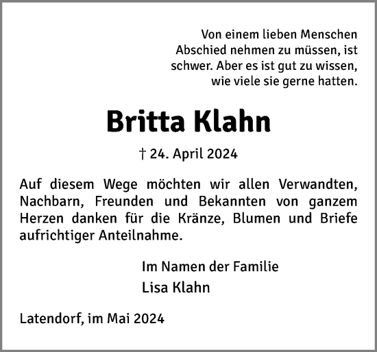 Traueranzeige von Britta Klahn von Holsteinischer Courier