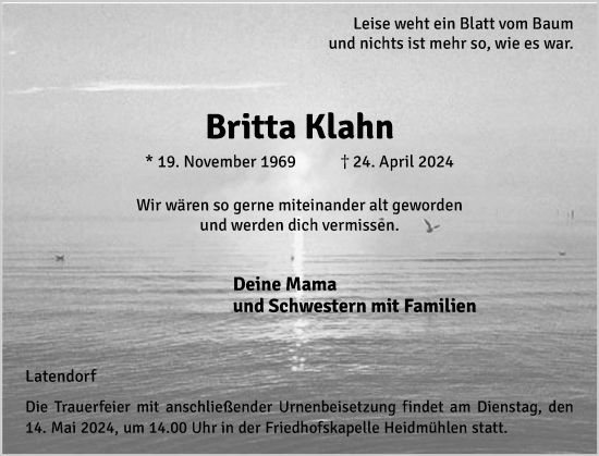 Traueranzeige von Britta Mahn von Holsteinischer Courier