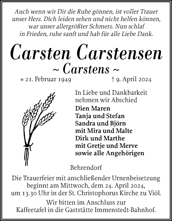 Traueranzeige von Carsten Carstensen von Region Flensburg