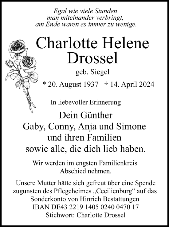 Traueranzeige von Charlotte Helene Drossel von Uetersener Nachrichten, Der tip am Wochenende