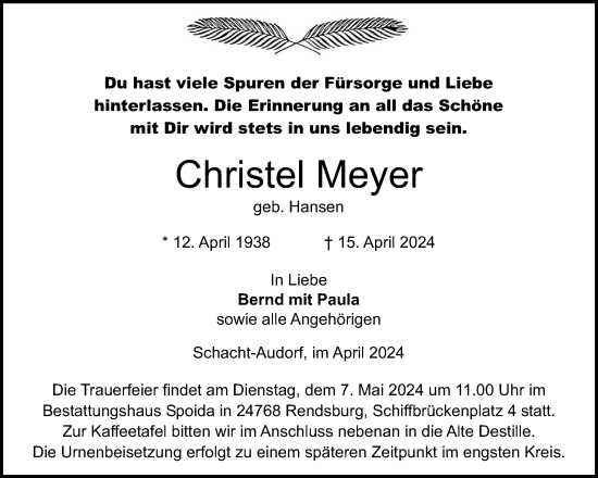 Traueranzeige von Christel Meyer von Schleswig-Holsteinische Landeszeitung