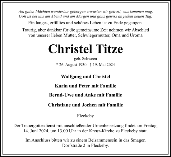 Traueranzeige von Christel Titze von Eckernförder Zeitung, Hallo Eckernförde