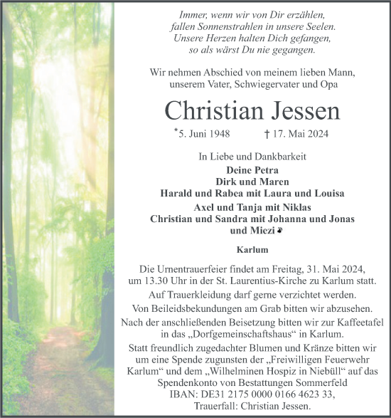 Traueranzeige von Christian Jessen von Husumer Nachrichten, Nordfriesland Tageblatt