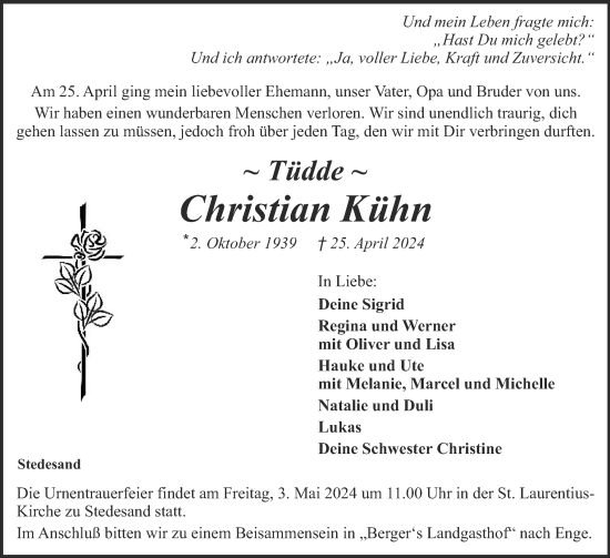Traueranzeige von Christian Kühn von Husumer Nachrichten, Nordfriesland Tageblatt