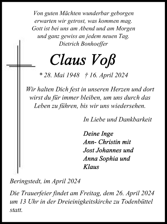 Traueranzeige von Claus Voß von Schleswig-Holsteinische Landeszeitung