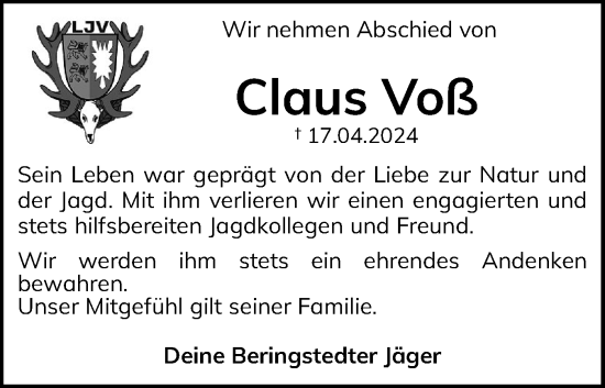 Traueranzeige von Claus Voß von Schleswig-Holsteinische Landeszeitung