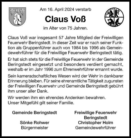 Traueranzeige von Claus Voß von Schleswig-Holsteinische Landeszeitung