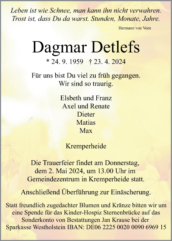 Traueranzeige von Dagmar Detlefs von Norddeutsche Rundschau, Wilstersche Zeitung, Glückstädter Fortuna