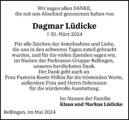 Traueranzeige von Dagmar Lüdicke von Region Pinneberg und tip Pinneberg