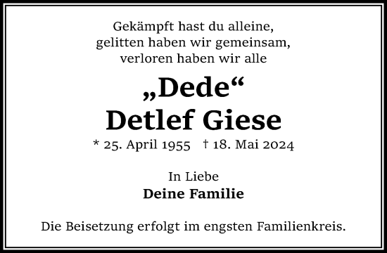 Traueranzeige von Detlef Giese von Stormaner Tageblatt