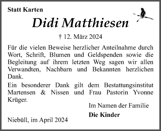 Traueranzeige von Didi Matthiesen von Husumer Nachrichten, Nordfriesland Tageblatt