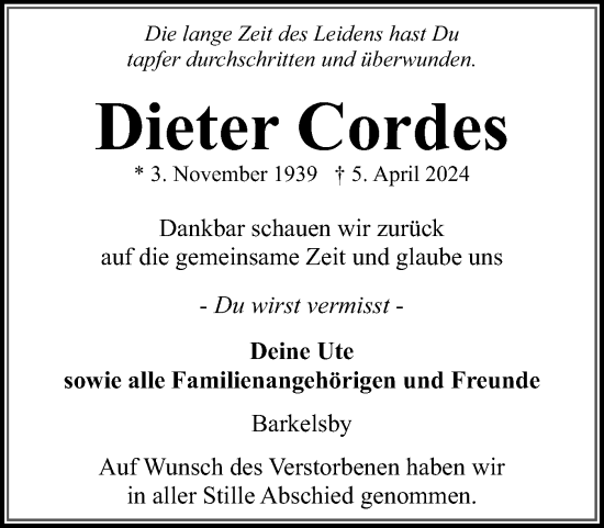 Traueranzeige von Dieter Cordes von Eckernförder Zeitung, Hallo Eckernförde