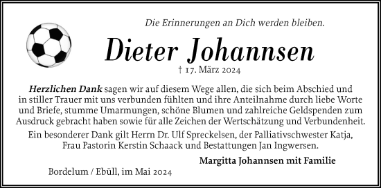 Traueranzeige von Dieter Johannsen von Husumer Nachrichten, Nordfriesland Tageblatt
