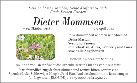 Traueranzeige von Dieter Mommsen von Husumer Nachrichten, Nordfriesland Tageblatt