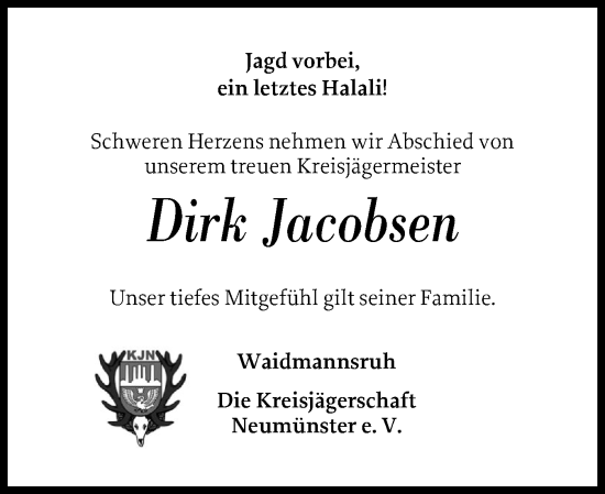 Traueranzeige von Dirk Jacobsen von Holsteinischer Courier