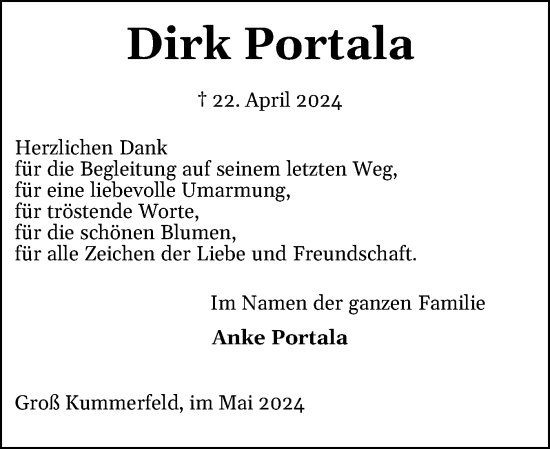 Traueranzeige von Dirk Portala von Holsteinischer Courier