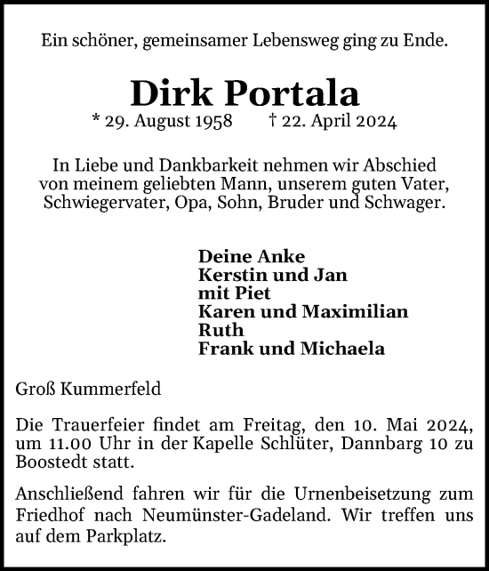 Traueranzeige von Dirk Portala von Holsteinischer Courier