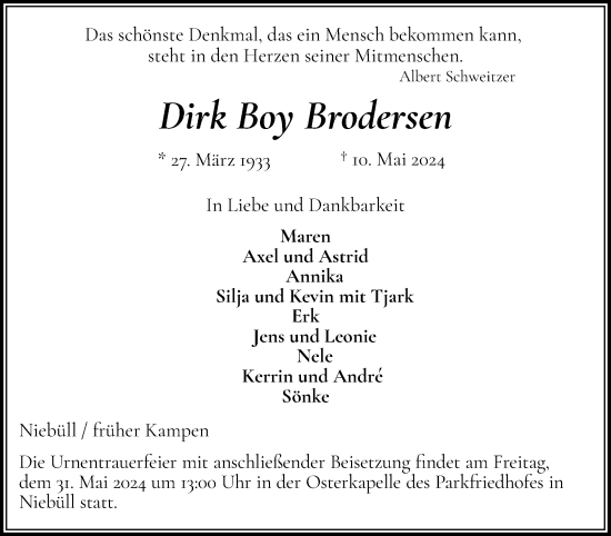 Traueranzeige von Dirk Boy Brodersen von Region Westküste