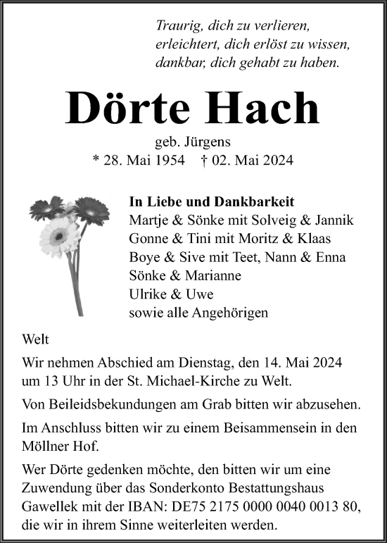 Traueranzeige von Dörte Hach von Husumer Nachrichten, Nordfriesland Tageblatt