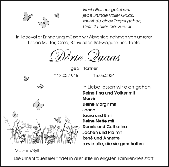 Traueranzeige von Dörte Quaas von Sylter Rundschau