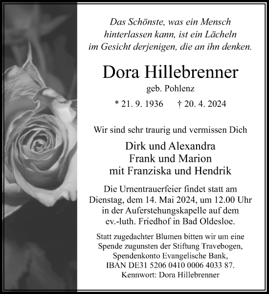Traueranzeige von Dora Hillebrenner von Stormaner Tageblatt