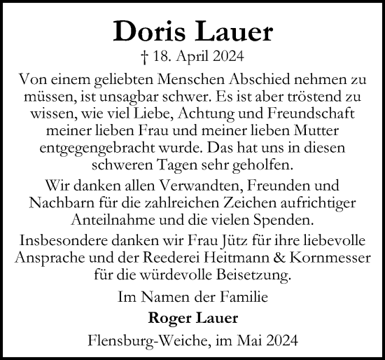 Traueranzeige von Doris Lauer von Flensburger Tageblatt