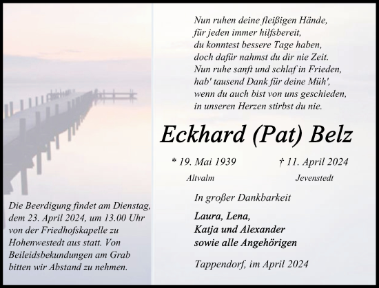 Traueranzeige von Eckhard Belz von Schleswig-Holsteinische Landeszeitung